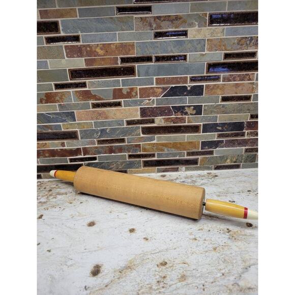 Vintage Wood Rolling Pin, Red Stripe White Handle Ends - Picture 1 of 4
